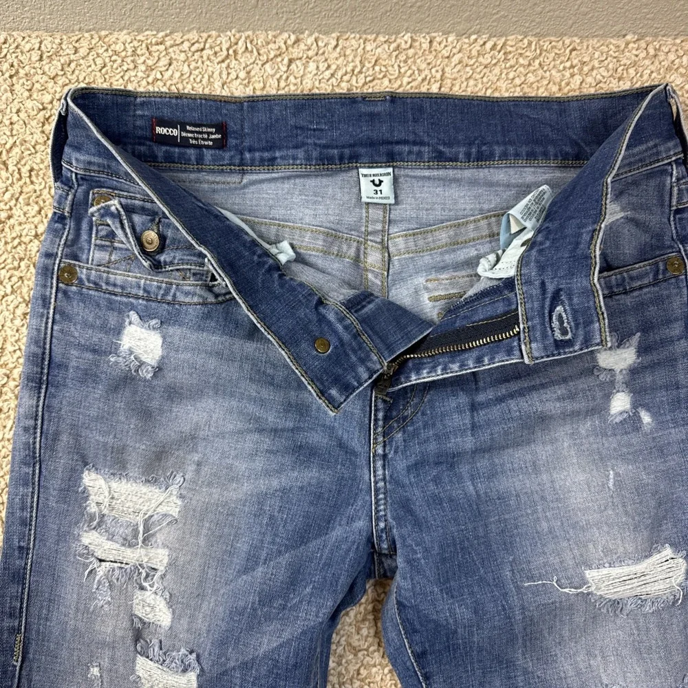 True Religion Jeans Mens 31x33 Blue ROCCO Relaxed Skinny Whiskered Distressed